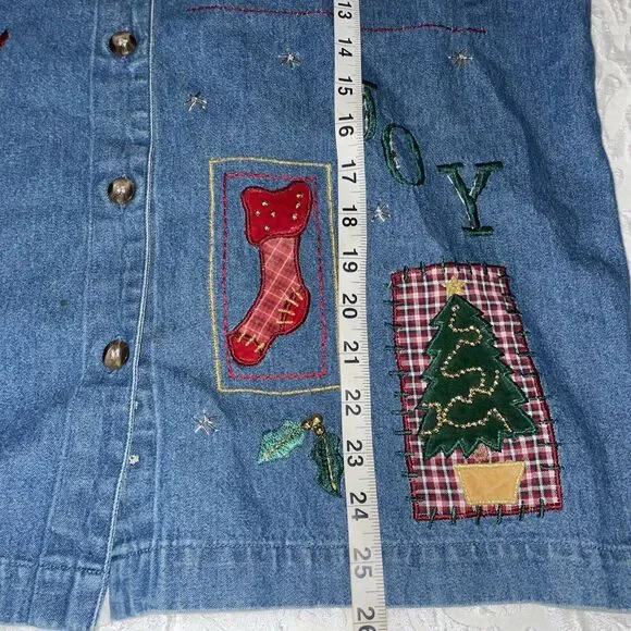 Victoria Jones Vintage Christmas Jean Button Top Blue Denim Embroidered Size Med - Picture 12 of 12
